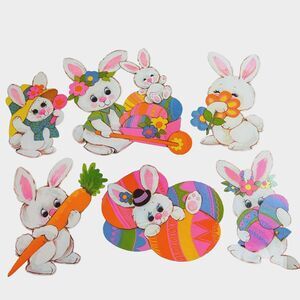 6 Vintage Die Cut Easter Wall Decorations 1970s Bunny Eggs Bright Decor